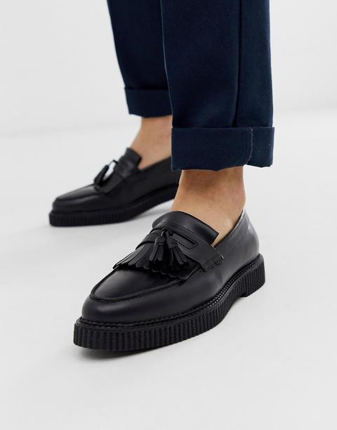 Asos Design Loafers In Black Leather With Creeper Sole