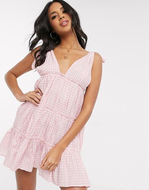 Asos Design Bunny Tie Shoulder Tiered Beach Dress In Pink Gingham Print