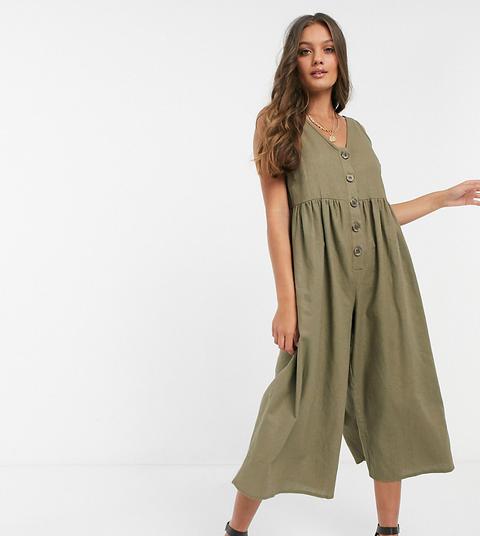 Asos Design Petite Button Front Smock Jumpsuit In Khaki-green