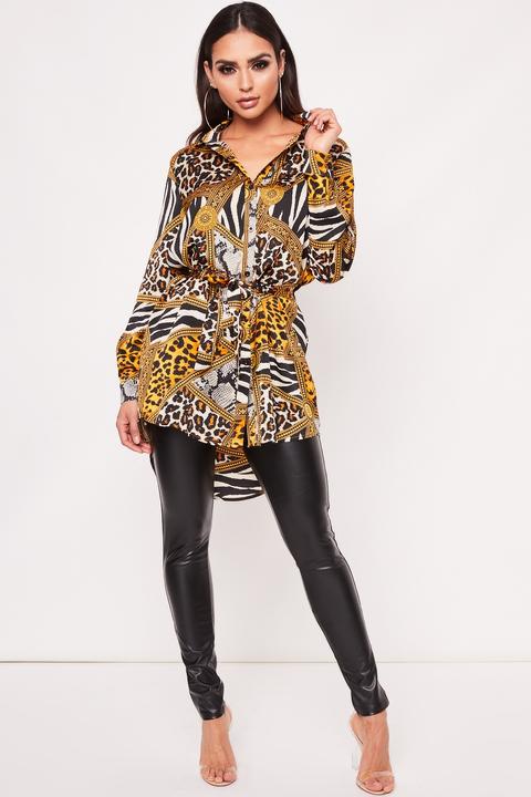 Ella Mustard Animal Print Belted Shirt Dress