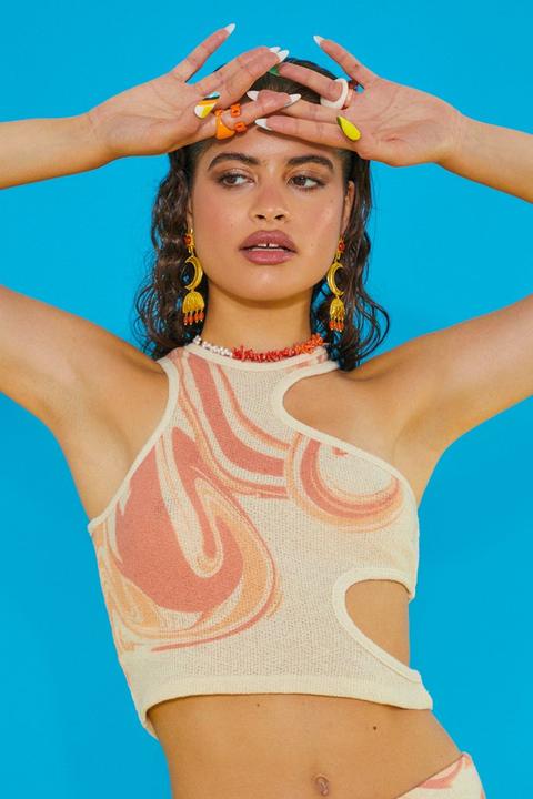 Orange Swirl Print Halter Cut Out Crop Top