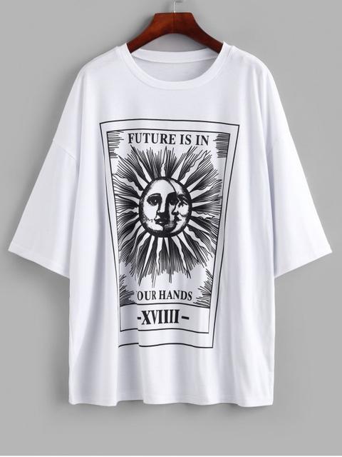T-shirt Lâche Lettre Soleil Et Lune Imprimés Surdimensionné White Yellow