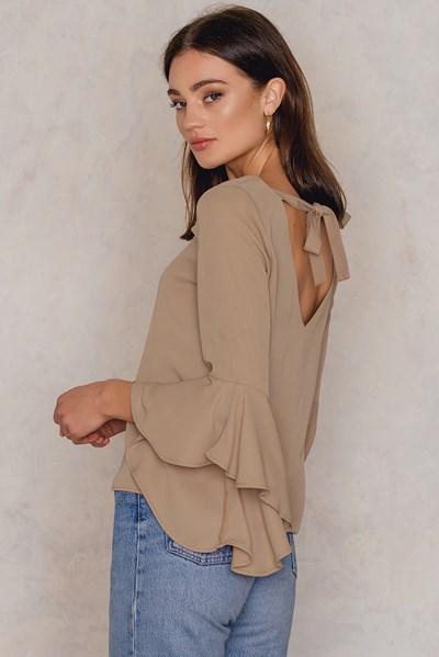 Na-kd Boho Flounced Sleeve V-neck Blouse - Beige