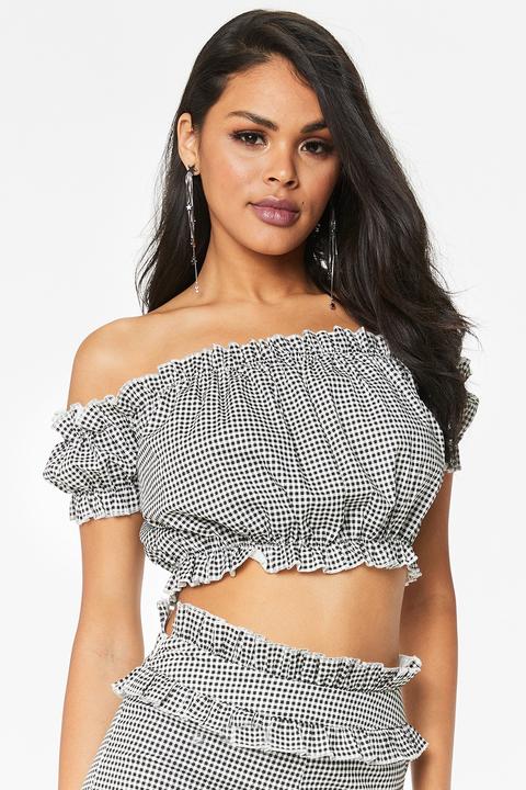 Harper Black Gingham Frill Bardot Crop Top