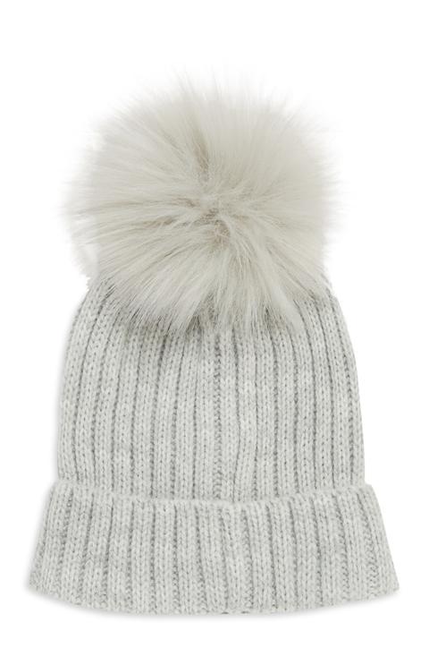 Grey Fur Pom Pom Beanie