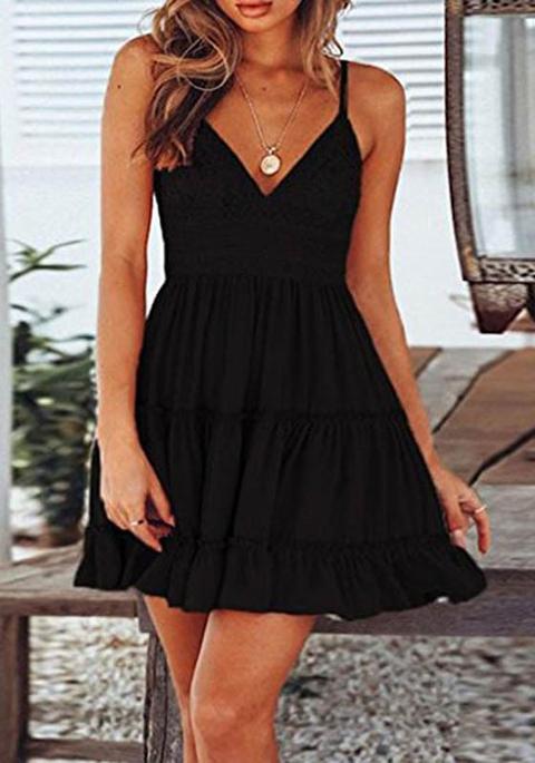 Black Patchwork Condole Belt Lace Tie Back V-neck Fashion Mini Dress