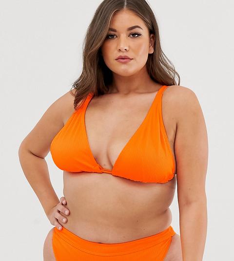 South Beach Curve Exclusive Ribbed Triangle Bikini Top In Neon Orange