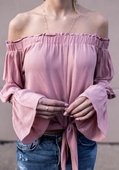 Camiseta Llanura Cuello De Barco Manga Larga Rosa