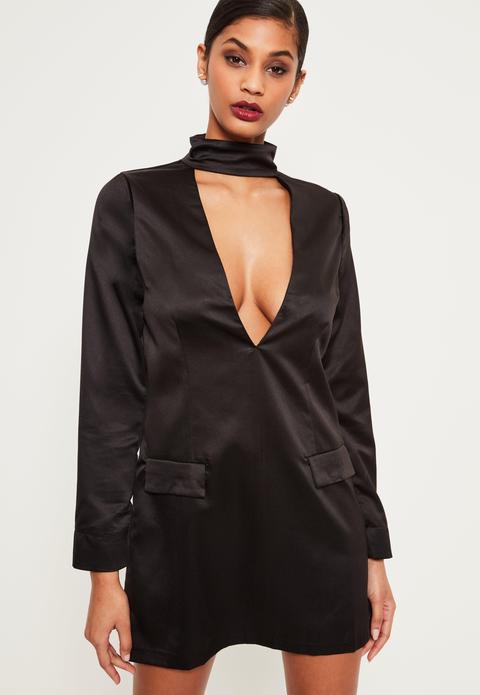 Silky Choker Neck Shift Dress Black