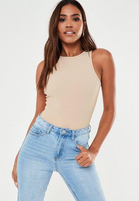 Sand Ribbed High Neck Racer Back Bodysuit, Camel