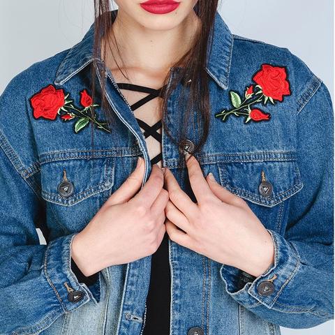 Erika - Rose Embroidered Dark Denim Jacket