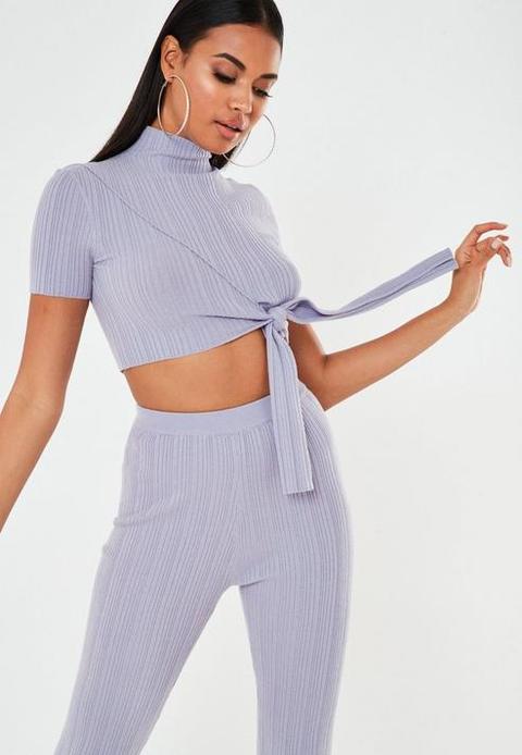 Lilac Co Ord Rib High Neck Tie Front Knitted Crop Top, Lilac