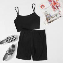 Conjunto Top De Tirantes Unicolor Con Shorts Biker