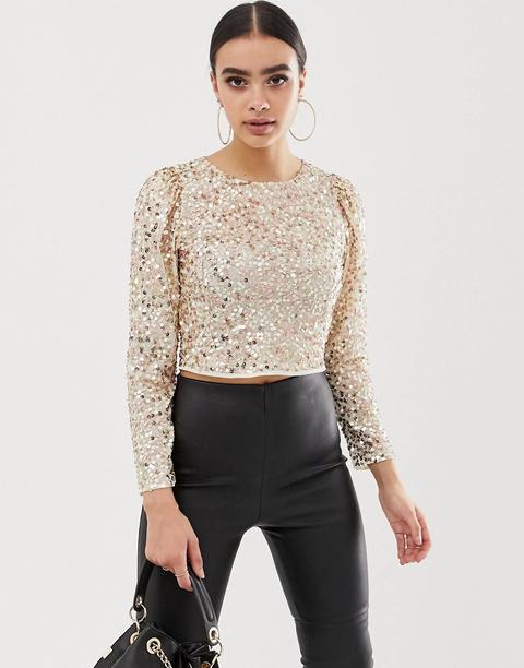 Top De Manga Larga Con Adorno De Lentejuelas De Asos Design-dorado