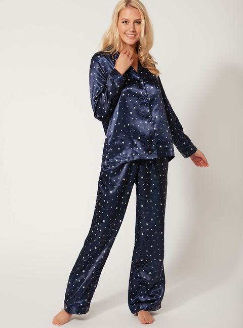 Boux Avenue Star Print Long Satin Pyjama Set - Navy - 10