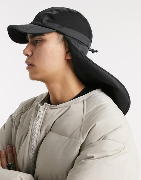 Asos Design Cap In Black With Neck Flap And Toggle Detail