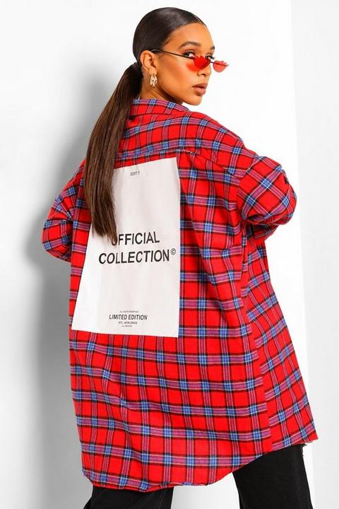 Womens Oversized Check Shirt With Back Print - Red - 6, Red