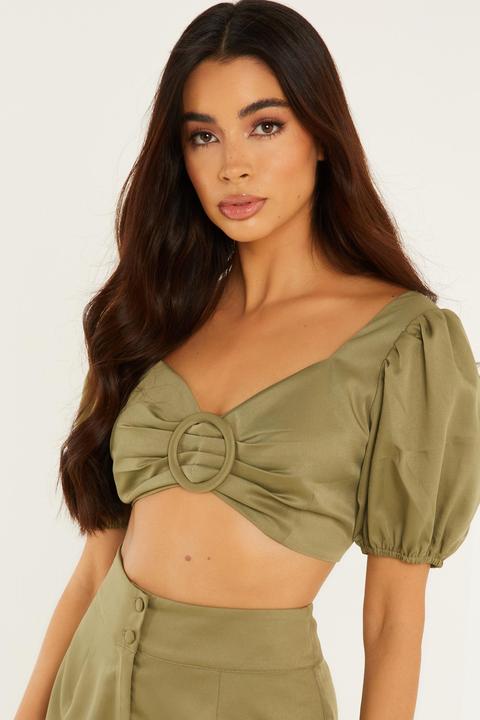 Khaki Puff Sleeve Crop Top