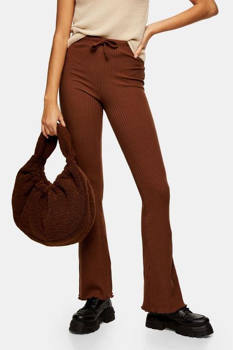 Chocolate Brown Ribbed Pocket Flared Trousers