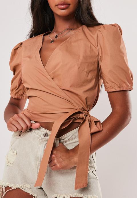 Camel Poplin Wrap Front Top