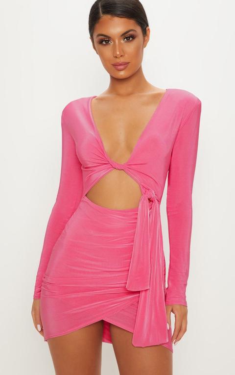 Hot Pink Double Layered Shoulder Pad Wrap Front Bodycon Dress