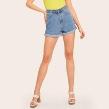 Shorts Denim Con Diseño De Bolsillo Bajo De Doblez