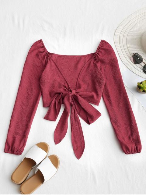 Blusa Recortada Cuello Escotado Moño Atado Yellow Slate Blue Light Blue White Earthy Red Khaki Rose Light Green Red Wine