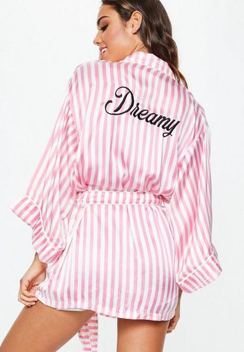 Pink Dreamy Striped Satin Dressing Gown, Pink