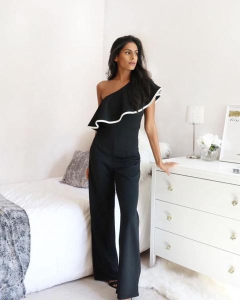 Nadine One Shoulder Contrast Trim Frill Jumpsuit In Black