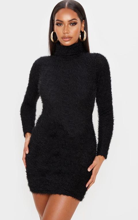 Robe Pull Moulante En Maille Ébouriffée Noire À Col Roulé, Noir