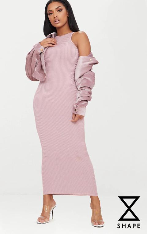 Shape Mauve Ribbed Racer Neck Longline Midi Dress, Purple