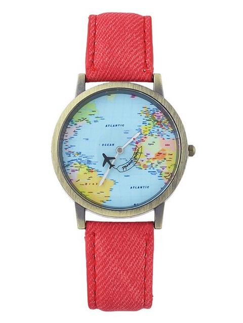 Faux Leather World Map Airplane Watch