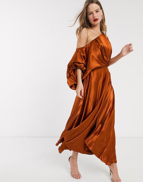 Asos Edition Blouson One Shoulder Dress In Satin-orange