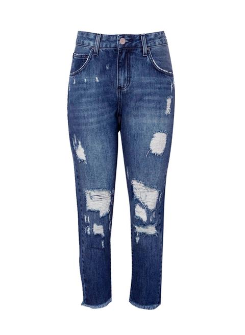 Calça Le Lis Blanc Girlfriend Cropped Puídos Jeans Azul Feminina