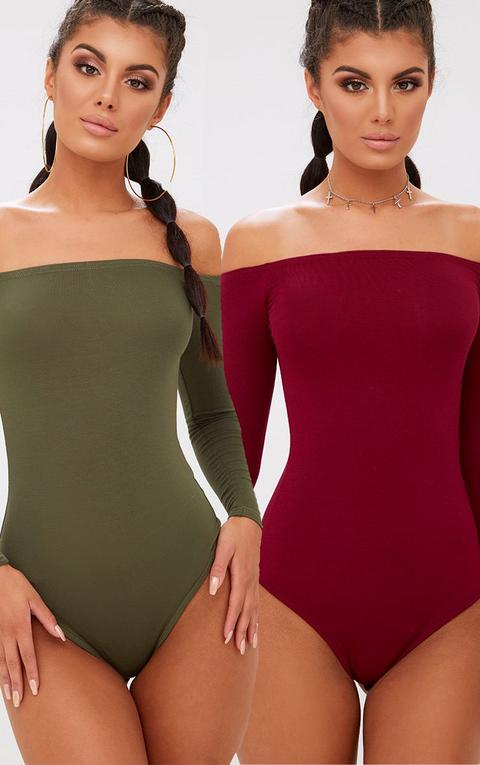 Basic Khaki & Burgundy 2 Pack Bardot Longsleeve Thong Bodysuit