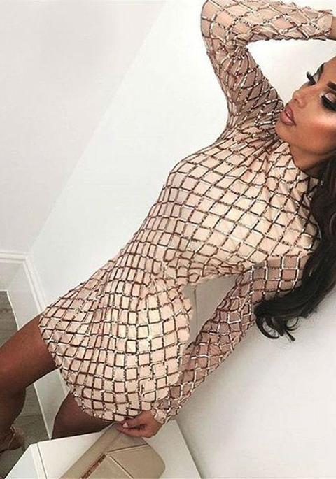 Mini Abito Festa Con Bodycon Con Paillettes Geometriche E Scintillanti Champagne