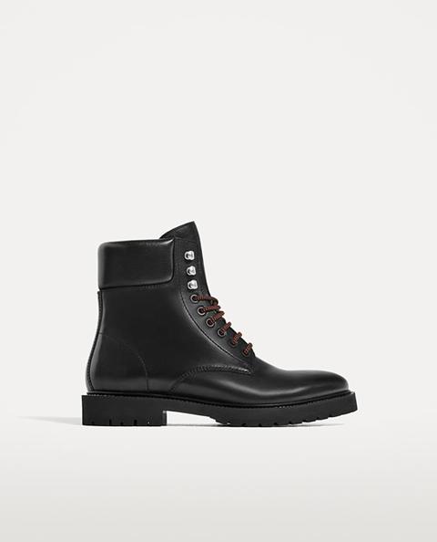 Bota Piel Negra Con Cordones Rojos