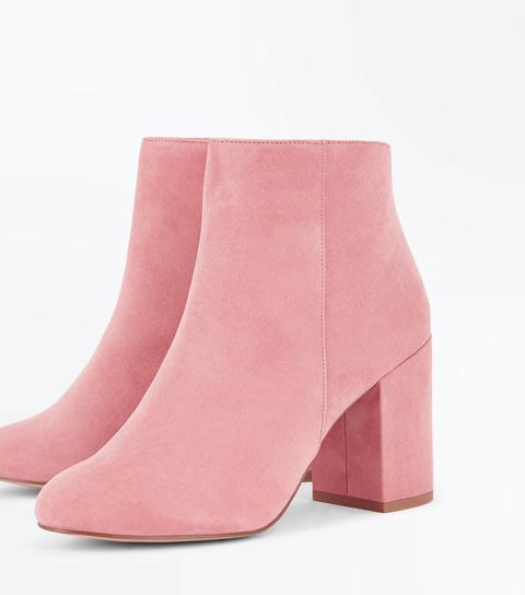 Pink Suedette Block Heel Ankle Boots