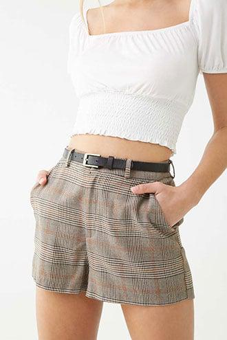 Forever 21 Belted Plaid Shorts Brown/black