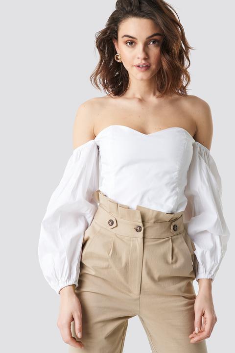 Na-kd Boho Off Shoulder Balloon Sleeve Top - White