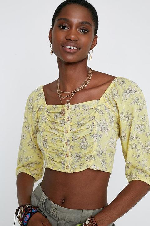 Uo Laura Floral Button-through Blouse - Yellow M At Urban Outfitters