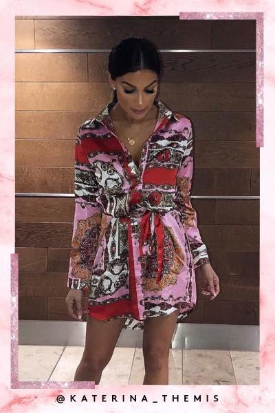 Mollie Pink Patterned Satin Shirt Dress