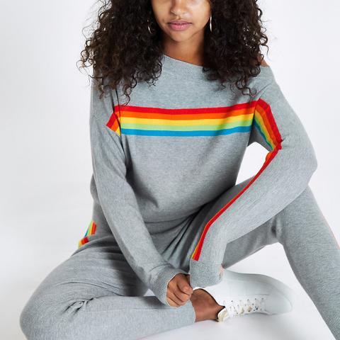 grey sweatshirt with rainbow stripes