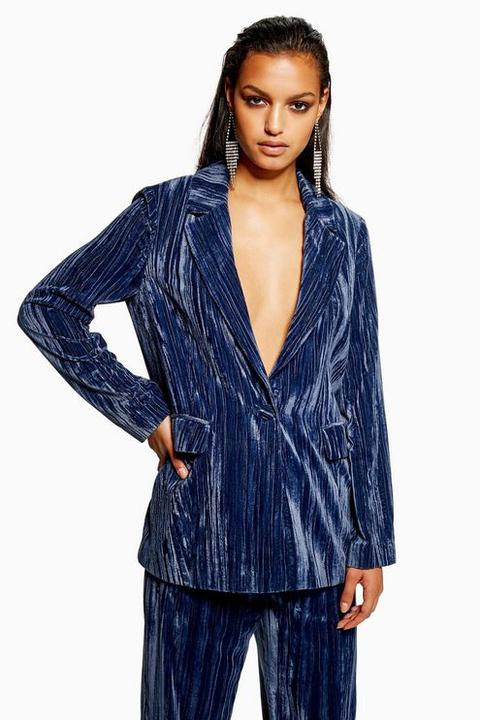 Womens Petite Crinkle Velvet Jacket - Blue, Blue