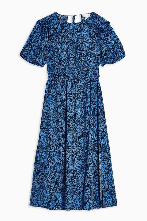 Blue Zebra Print Puff Sleeve Midi Dress