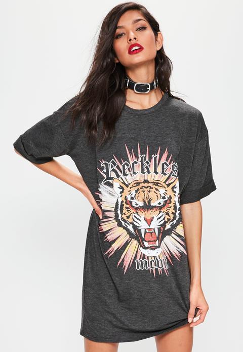 Grey Oversized Tiger Graphic Print T-shirt Dress