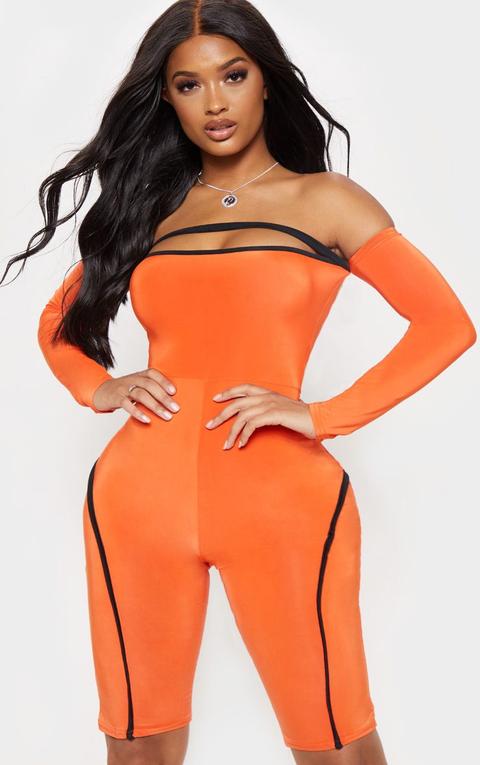 Shape Orange Binding Detail Bardot Unitard, Orange