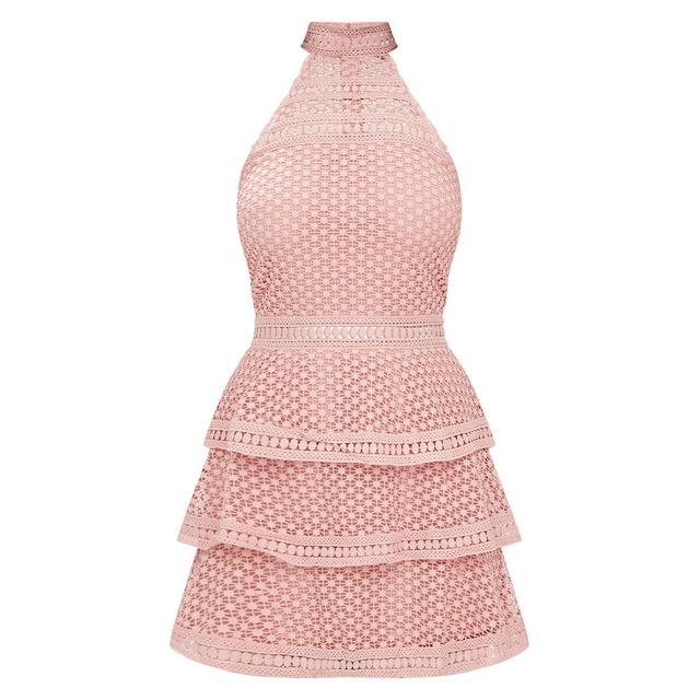 dusty pink lace panel tiered bodycon dress