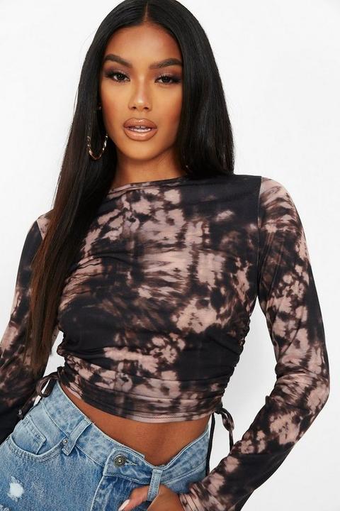 Womens Tie Dye Ruched Side Long Sleeve Crop Top - Black - 6, Black