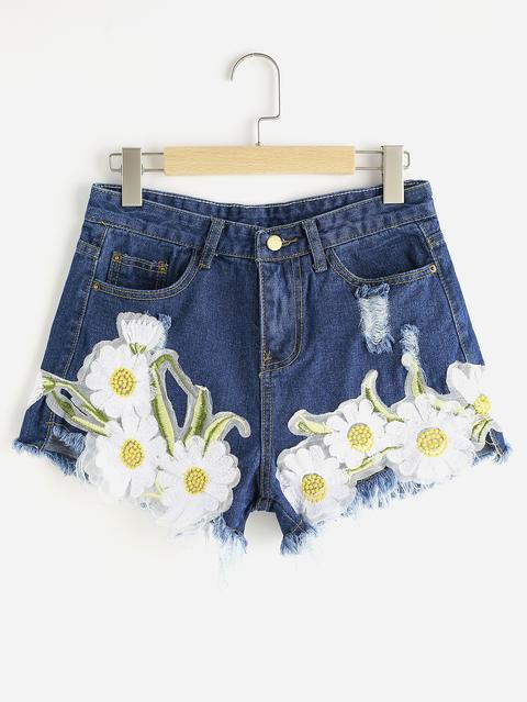 Sunflower Appliques Ripped Frayed Hem Denim Shorts